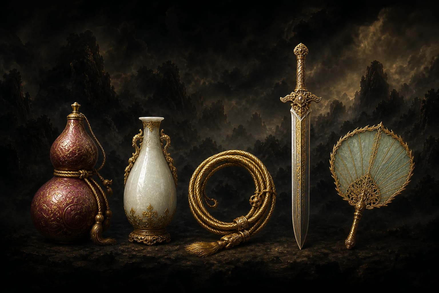 Portrait of The Five Treasures of Mount Pingding: Set of treasures from the Tushita Palace