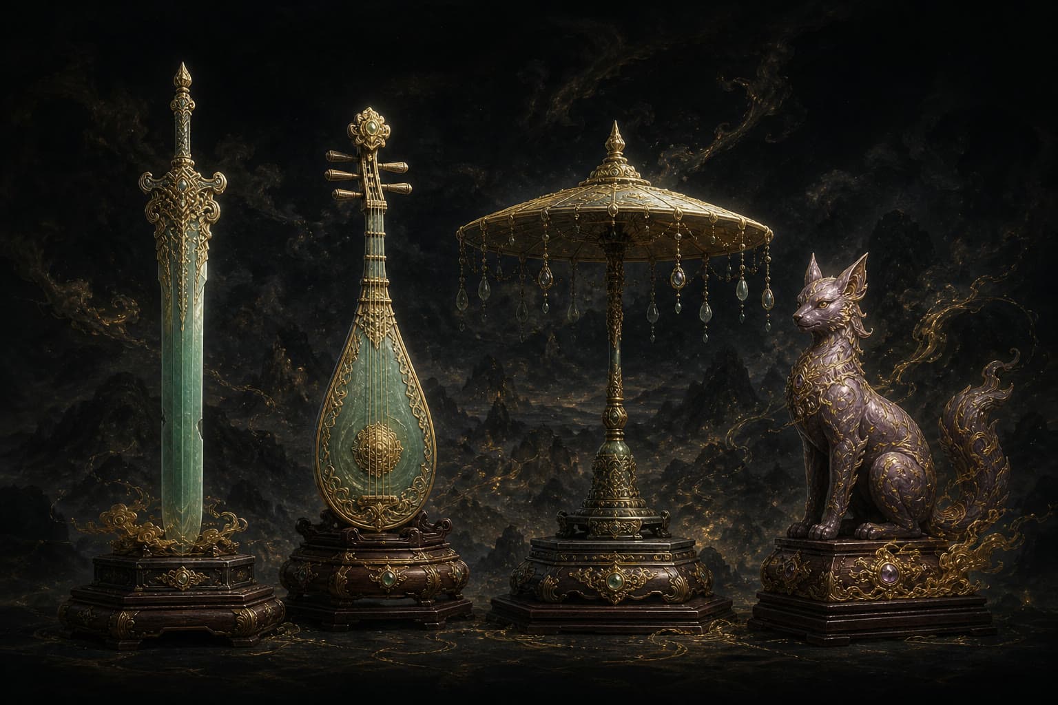 Portrait of Treasures of the Four Heavenly Kings: Instruments that guard the heavenly gate